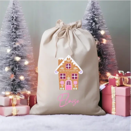 Personalised Linen Santa Sack - Gingerbread Christmas House