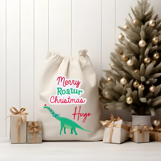 Personalised Linen Santa Sack - Merry Roawr Christmas