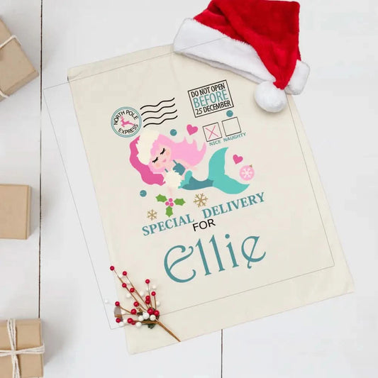 Personalised Linen Santa Sack - Pastel Christmas Mermaid