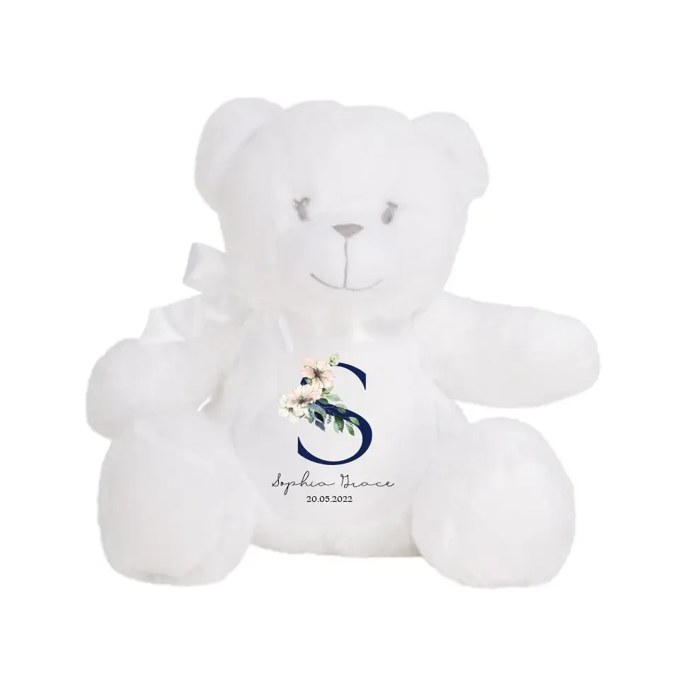 White Teddy Plush - Blue Floral - Timber Tinkers
