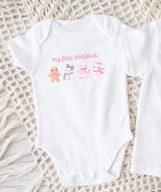 My First Christmas Pink Gingerbread WHITE ONESIE Various Sizes