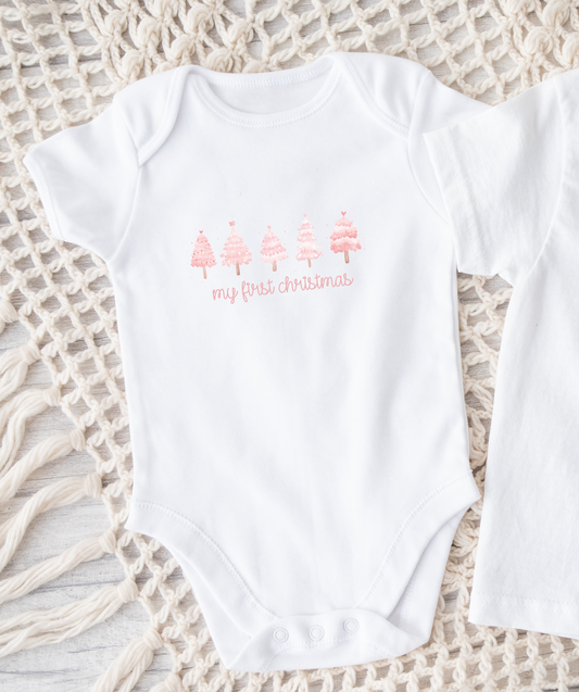 My First Christmas Pink Tree WHITE ONESIE Various Sizes